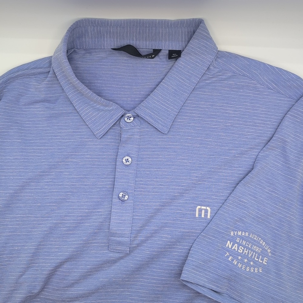 Travis‎ Mathew Ryman Auditorium Polo Shirt Men's Size XXL Blue Striped